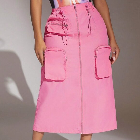 Pink Casual Womens Drawstring Waist Zip Up Pocket Patched Skirt - Picture 2 of 5